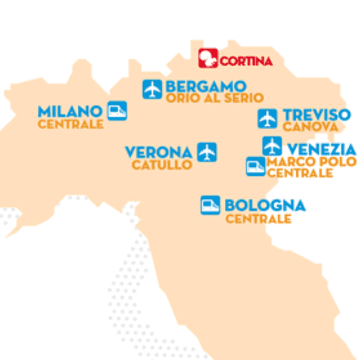 Mappa del Nord Italia con segnalazione dei principali aeroporti e stazioni intorno a Cortina