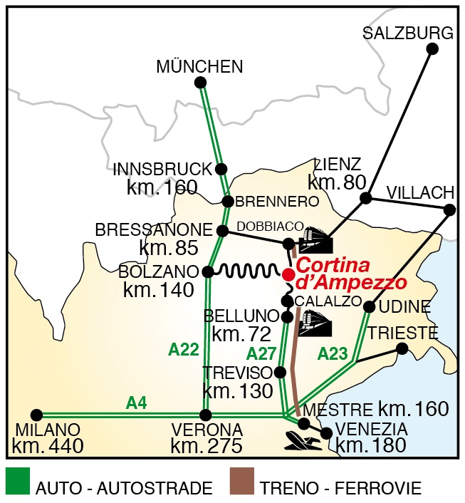 Mappa dei principali snodi autostradali e ferroviari intorno a Cortina